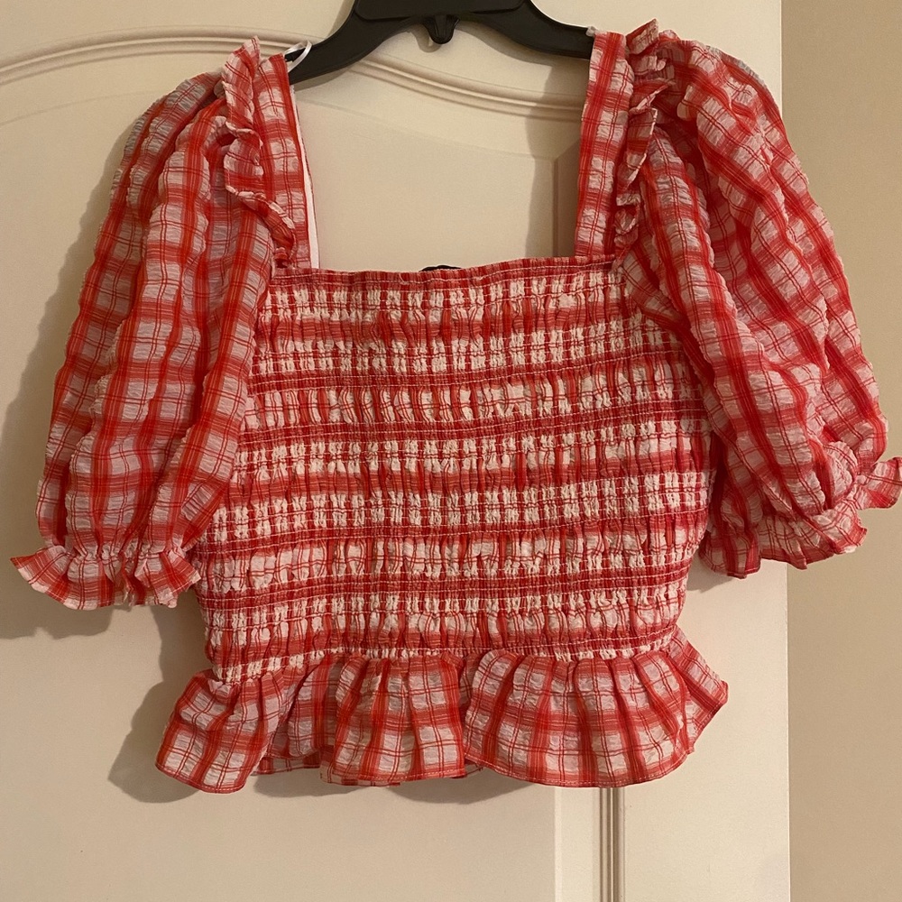 NWT English Factory red ginham plaid smocked top in size Small